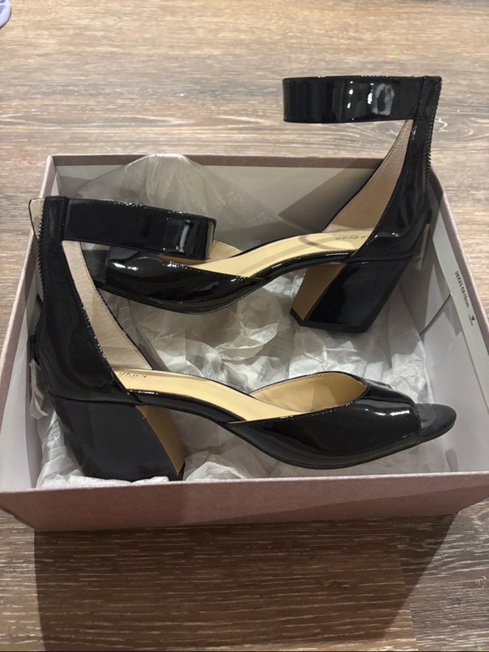Botkier Pilar black patent leather ankle strap heels